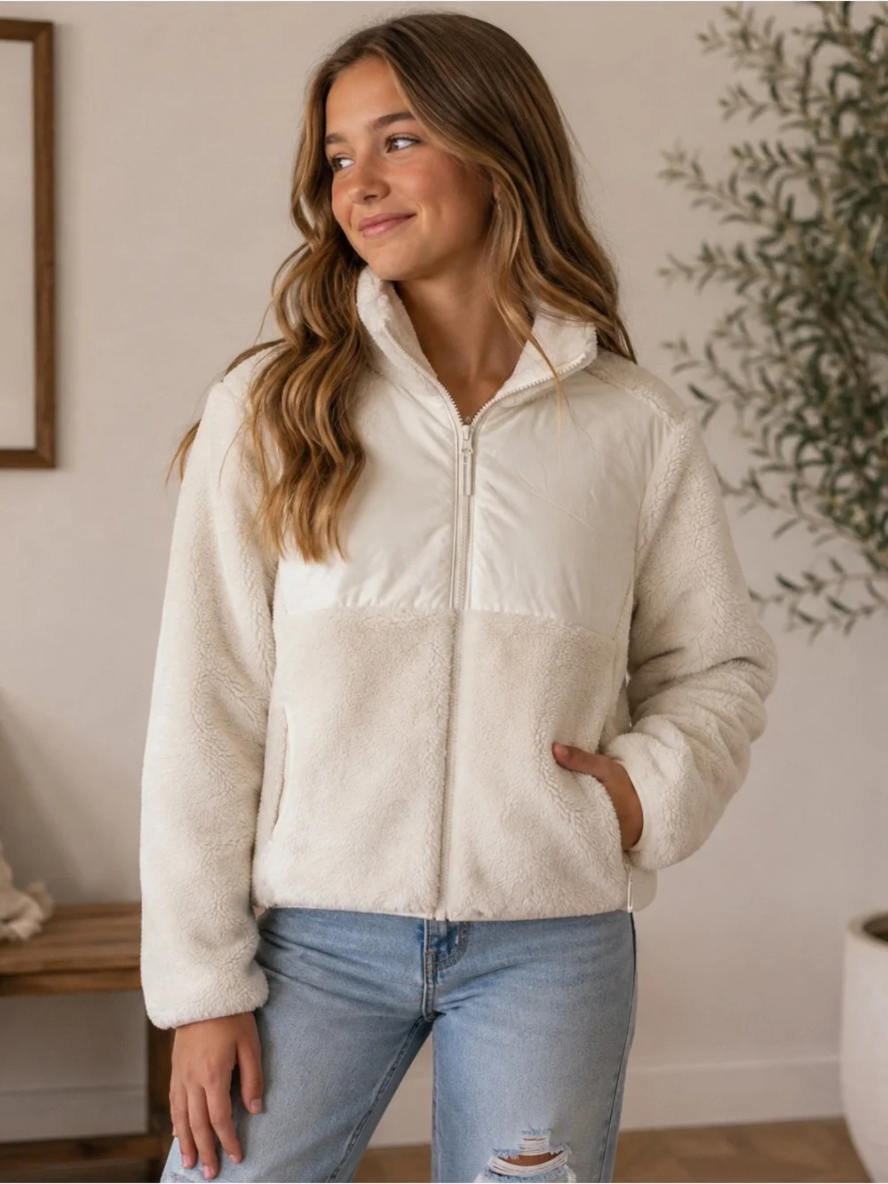 Cozy Sherpa Zip-Up Jacket in Cream-Size 12/14